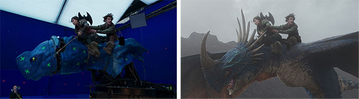 A split view showing actors on a blue prop dragon in a studio versus the finished CGI dragon in a mountain setting.