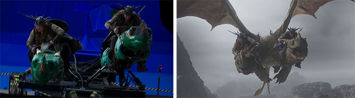 Actors on motion rigs simulating dragon riding next to the finished CGI dragon scene.