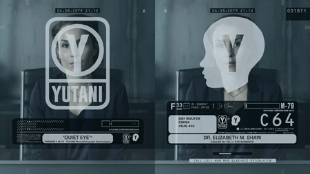 Two side-by-side views of a woman's face overlaid with a large letter Y and Yutani corporate branding.