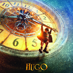 A young boy clings to the large metal hands of a glowing, oversized clock face.