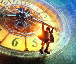 A young child clings to the metal hands of a massive, glowing golden clock face.
