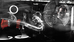 Double exposure of musicians playing instruments with light trails and circular overlays.