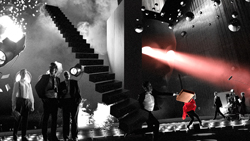 Surreal black and white scene with people, a floating staircase, and a bright red beam of light.