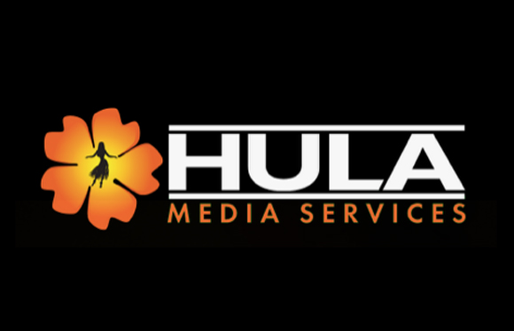 Orange flower icon with a silhouette of a dancer next to the text HULA MEDIA SERVICES.