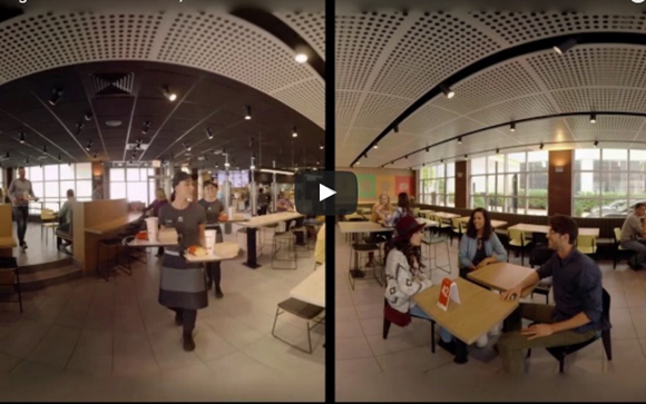 Split screen showing staff carrying trays on the left and customers sitting at tables on the right.