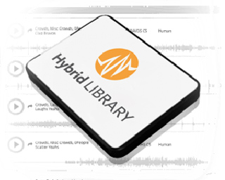 A white rectangular hard drive with the text 'Hybrid LIBRARY' and an orange circular logo on a waveform background.