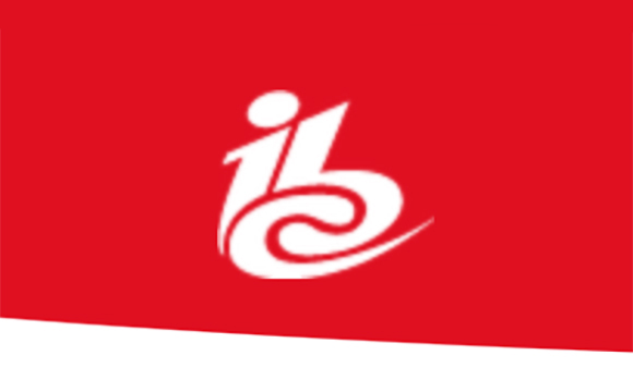 A white abstract stylized logo centered on a solid red rectangular background.
