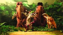 Animated prehistoric animals including a mammoth, a sloth, and a saber-toothed tiger in a lush jungle.