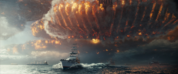 A white boat navigates choppy waters beneath a colossal, fiery, textured formation filling the sky.
