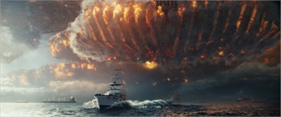 A giant, glowing, textured object hangs in a dark sky over several boats on a choppy ocean.