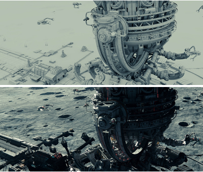 A large, intricate mechanical structure floating above a cratered lunar surface in two different lighting styles.