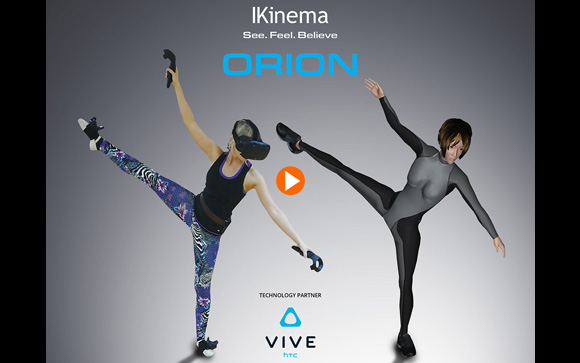 A person in a VR headset and motion sensors dancing next to their digital avatar.