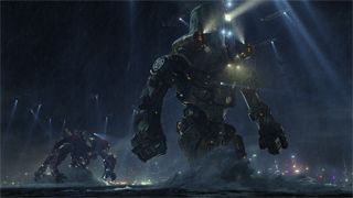 A massive, dark mechanical robot stands amidst rain and fog near a dimly lit cityscape.