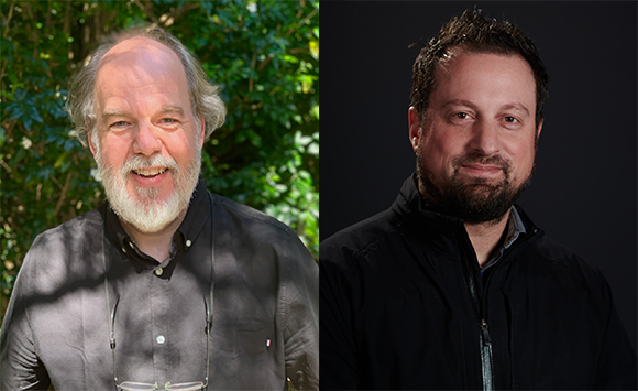 Two portraits: a man with a grey beard in front of green foliage and a man with a dark beard against a black background.
