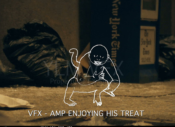 A white line drawing of a monkey crouched in a dark alley next to a trash bag and a newspaper box.