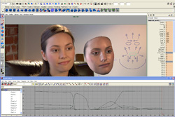 Software interface showing a woman's face next to a 3D digital model and facial animation controls.