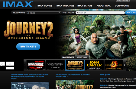 IMAX website homepage promoting Journey 2: The Mysterious Island with movie cast members.