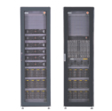 Two black server racks filled with various networking and storage hardware components.