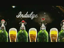 Four champagne bottles and three glasses of beer arranged in a row against a dark, sparkling background.