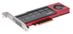 A low-profile graphics card with a red shroud, black heatsink, and a small cooling fan.
