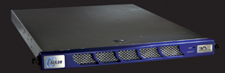 A black rack-mounted server with a blue front panel featuring a silver mesh vent and a logo.
