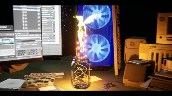 A glowing fairy rises from a glass jar in a dark room filled with computer monitors and speakers.