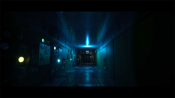 A dimly lit, narrow futuristic hallway with blue light glowing from the ceiling and various control panels.