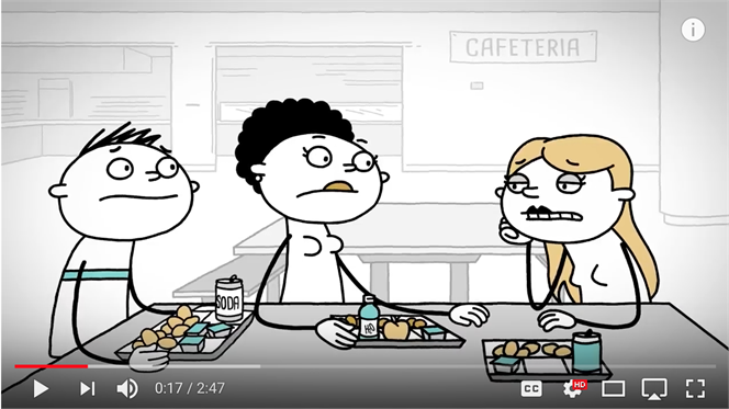 Three line-drawing cartoon characters sit at a cafeteria table with food and drinks.