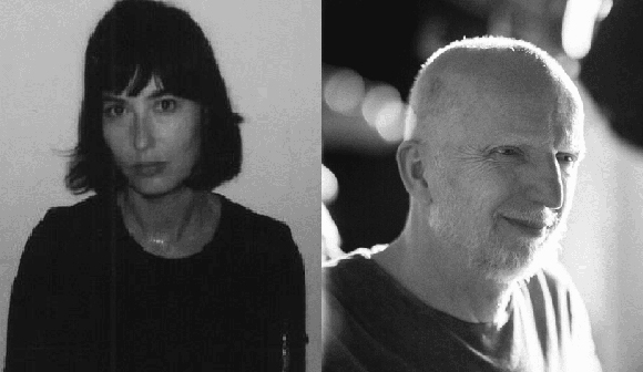 Black and white split portrait of a woman looking forward and a man looking to the side.