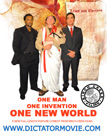 Three men standing against an abstract orange background with movie title text below.