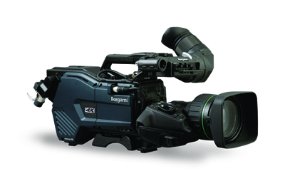A black Ikegami 4K professional video camera with a large lens and viewfinder against a white background.