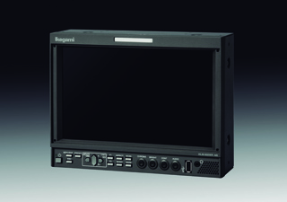 A black rectangular electronic monitor with a large dark screen and various control buttons and ports at the bottom.