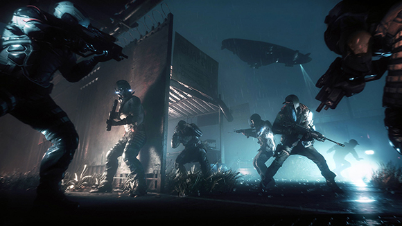 Armored soldiers with weapons stand in a dark, rainy street under a large airship.
