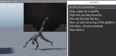 A digital avatar performs a handstand on a platform next to a text box containing movement commands.