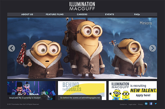 Website header for Illumination MacGuff showing three Minions in winter gear against a blue background.