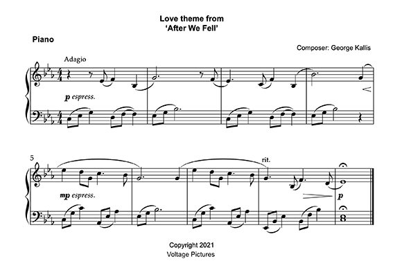 Sheet music for piano titled Love theme from 'After We Fell' composed by George Kallis.