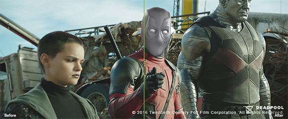A split screen showing a woman in a dark jacket on the left and a masked character in red armor on the right.