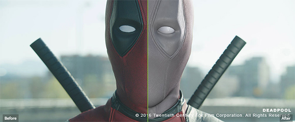 A split-screen view of a red and grey superhero mask, showing a before and after comparison.