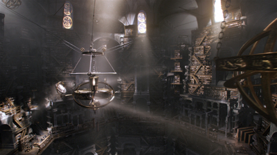 A vast, dark library with towering bookshelves and a large brass mechanical apparatus hanging from the ceiling.