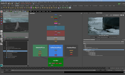 A computer screen displaying a node-based visual effects software interface with various color-coded nodes and preview window