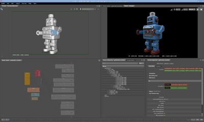 Interface of a 3D modeling program displaying a blue robot model and node-based workflow.