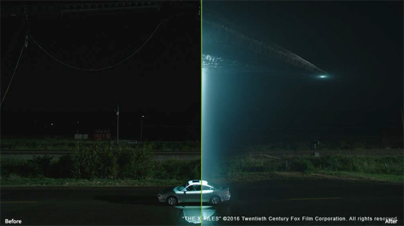 Split screen showing a dark night scene before and after adding a glowing light effect above a car.