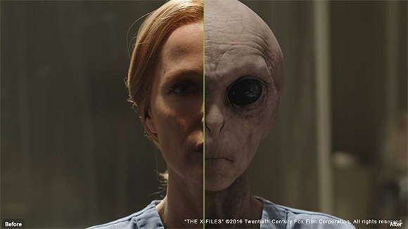 A split-screen showing a woman's face on the left and a grey alien face on the right.