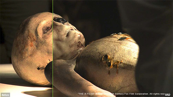 A split-screen showing a prosthetic alien head before and after makeup application.