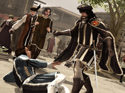 Men in Renaissance-style clothing stand in a sunlit town square near buildings and trees.