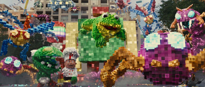 Various colorful, pixelated, block-built monsters and creatures in a group setting.