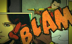 Comic book panels showing a woman's face and a man aiming a gun, with large orange 'BLAM' text.