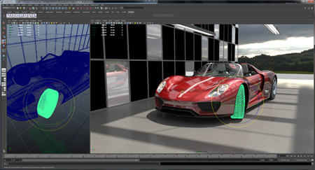 Software interface displaying a 3D model of a red sports car and a wireframe view of its wheel.