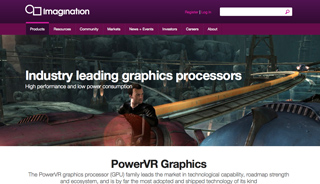 Website text reading 'Industry leading graphics processors' over a stylized digital background.
