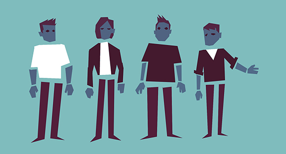 Four stylized, geometric human figures with blue skin and dark clothing standing against a teal background.